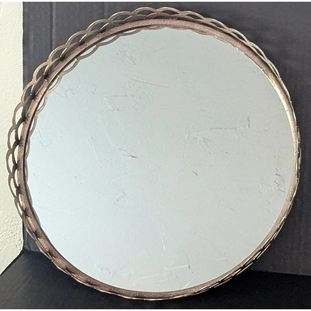 Vintage Vanity Mirror Round Scalloped Metal Lattice Frame 12